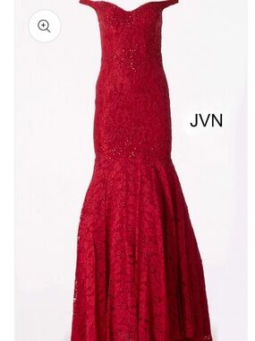 JVN Red Lace Mermaid Evening Gown